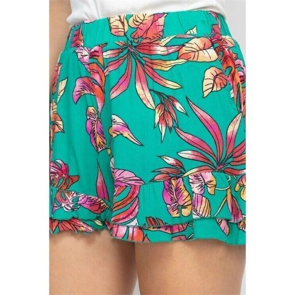 Small Shorts by Chocolate Green Tropical Leaf Print Ruffled Women's - Picture 3 of 3